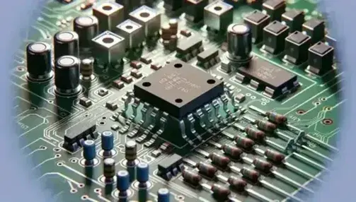 Circuito impreso con transistores MOSFET en filas, chip CMOS cuadrado y componentes como resistencias y condensadores en superficie verde.