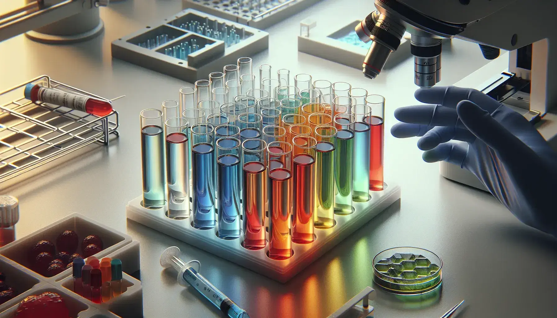 Primer plano de tubos de ensayo con líquidos de colores en gradiente en un soporte, con un microscopio al fondo y una mano enguantada sosteniendo un tubo, en un laboratorio de investigación.
