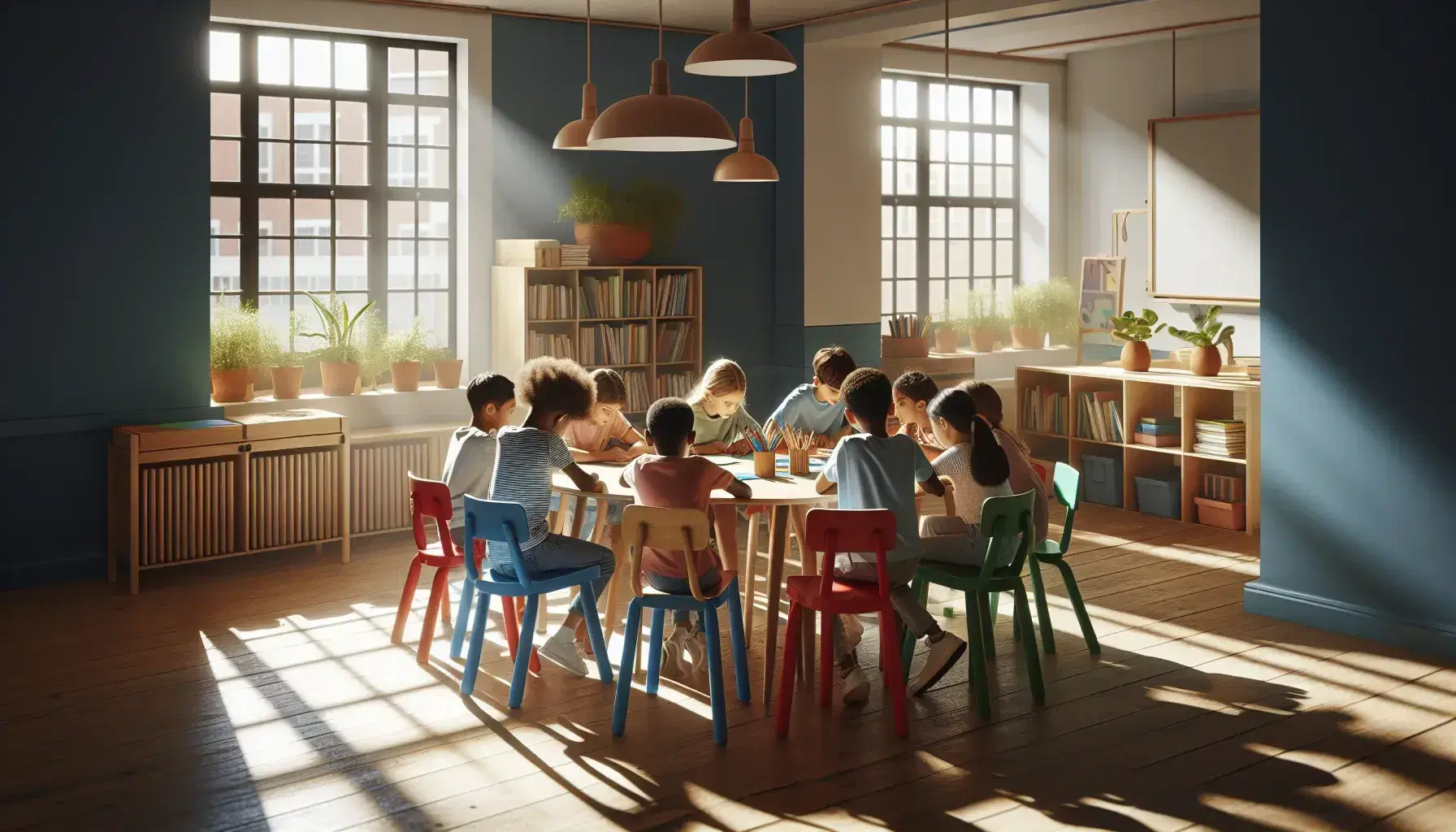 Aula luminosa con estudiantes diversos colaborando en proyecto, rodeados de sillas coloridas, mesa de madera, pizarrón blanco y estantería con libros.