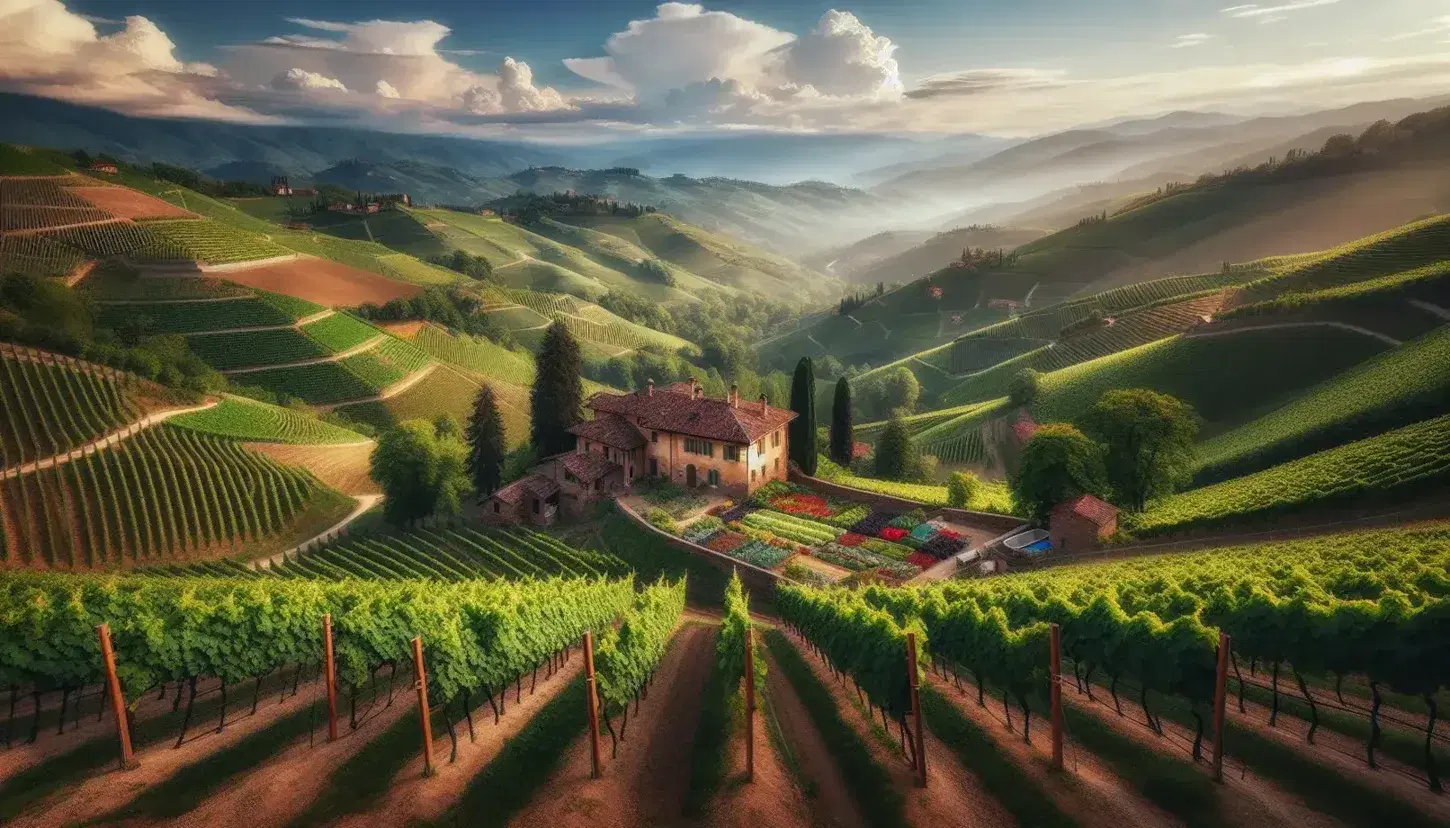 Vigneti ordinati sulle colline del Piemonte con casa tradizionale, fiori colorati e montagne azzurre sullo sfondo.