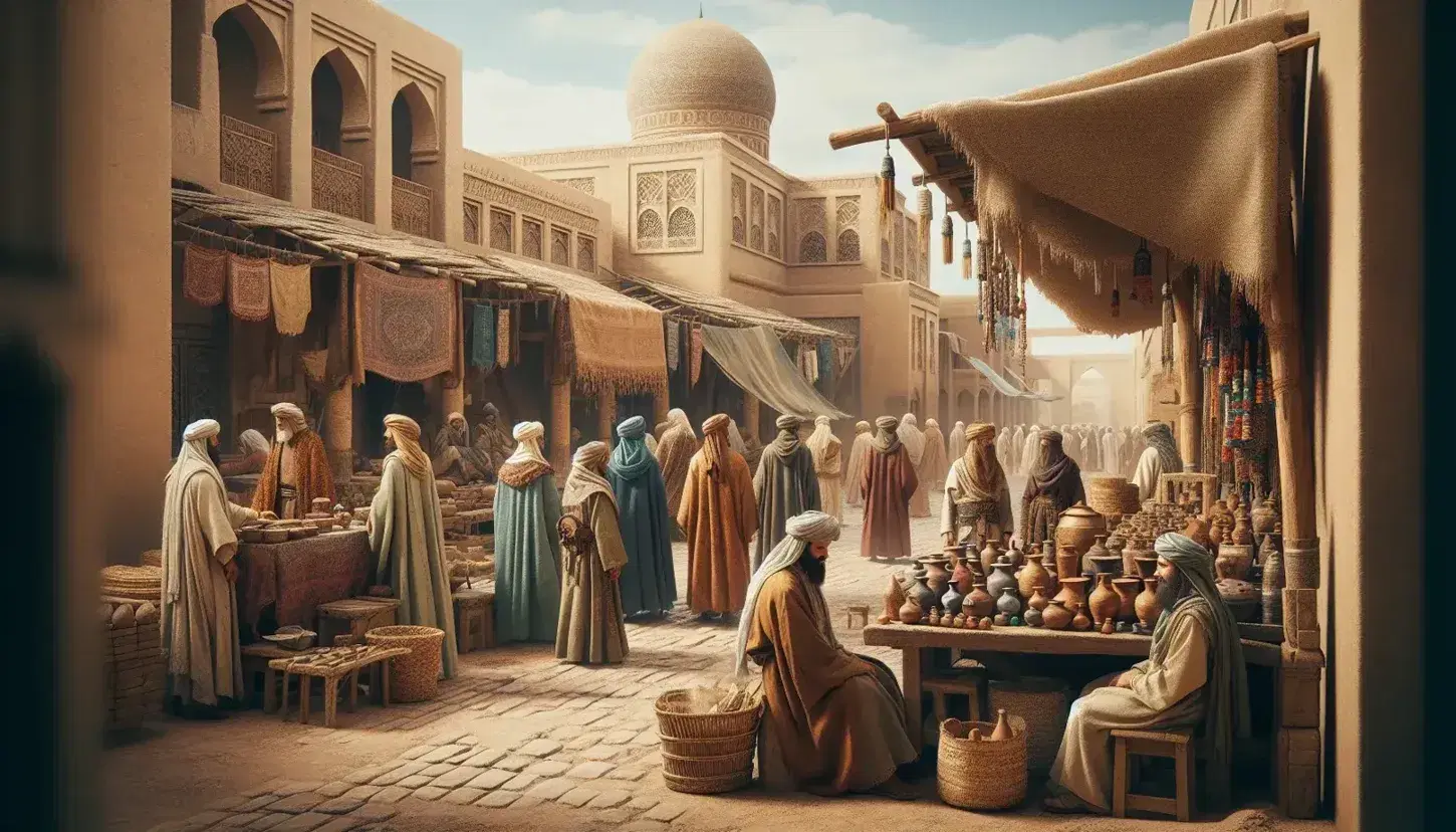 Bustling Islamic Golden Age marketplace with people in traditional attire, pottery and basket stalls, and a mosque with a minaret in the background.