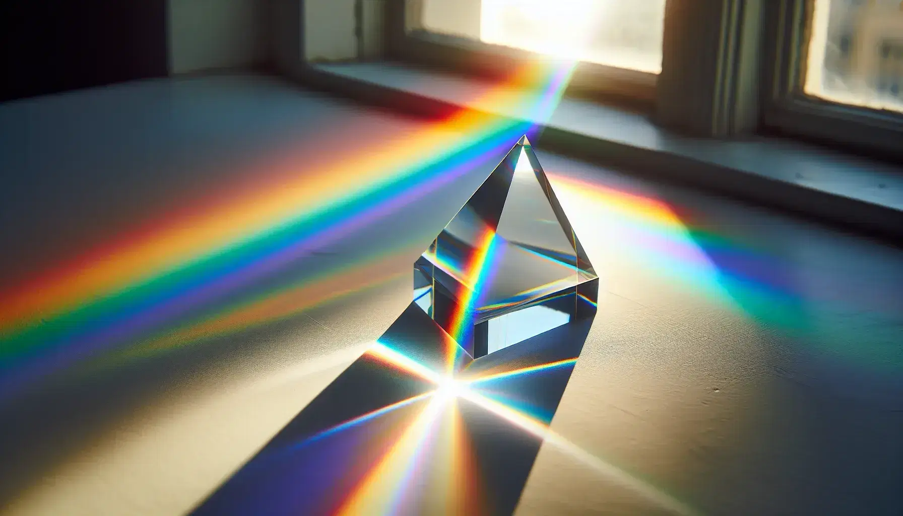 Prisma di vetro trasparente su superficie piana con luce solare che si disperde in arcobaleno di colori sul muro.