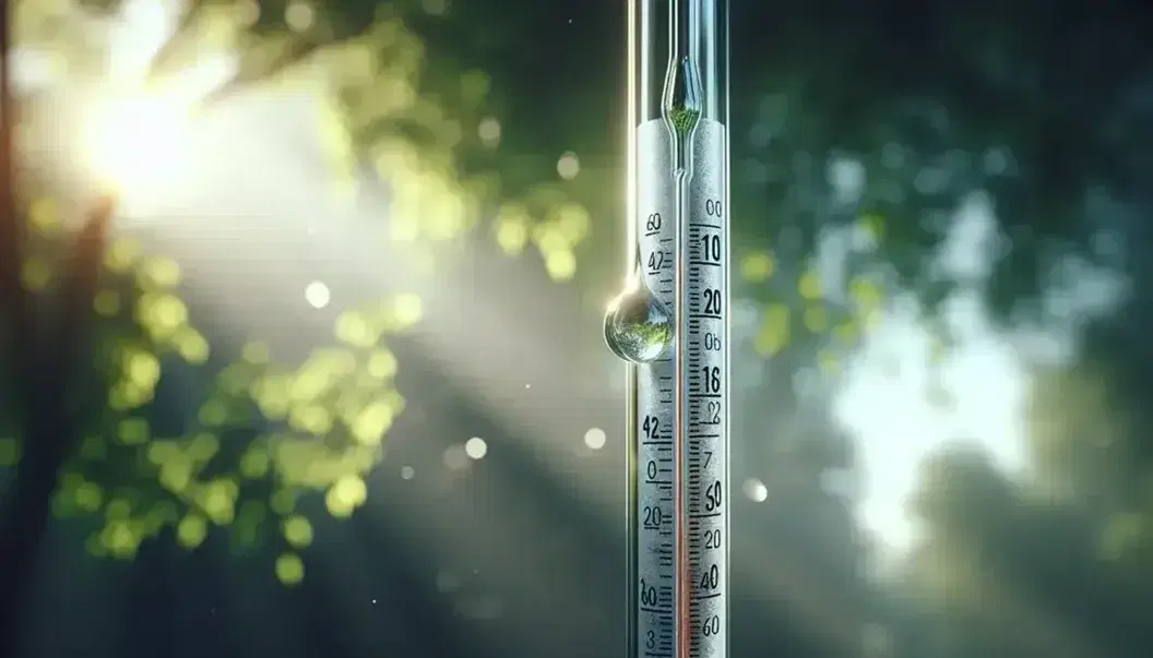 Termometro a mercurio con scala graduata in primo piano e sfondo sfocato di alberi verdi in una giornata soleggiata.