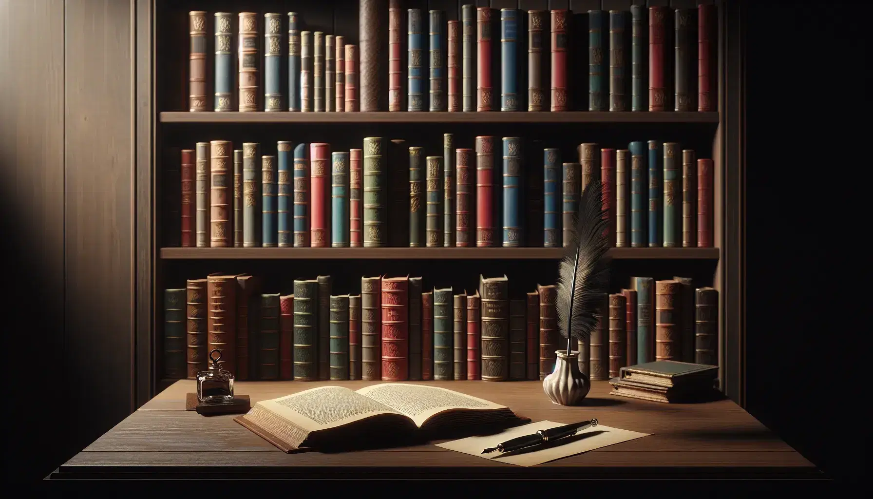 Estantería de madera oscura repleta de libros de colores variados con mesa y libro abierto en primer plano, acompañado de pluma antigua y tintero de porcelana.