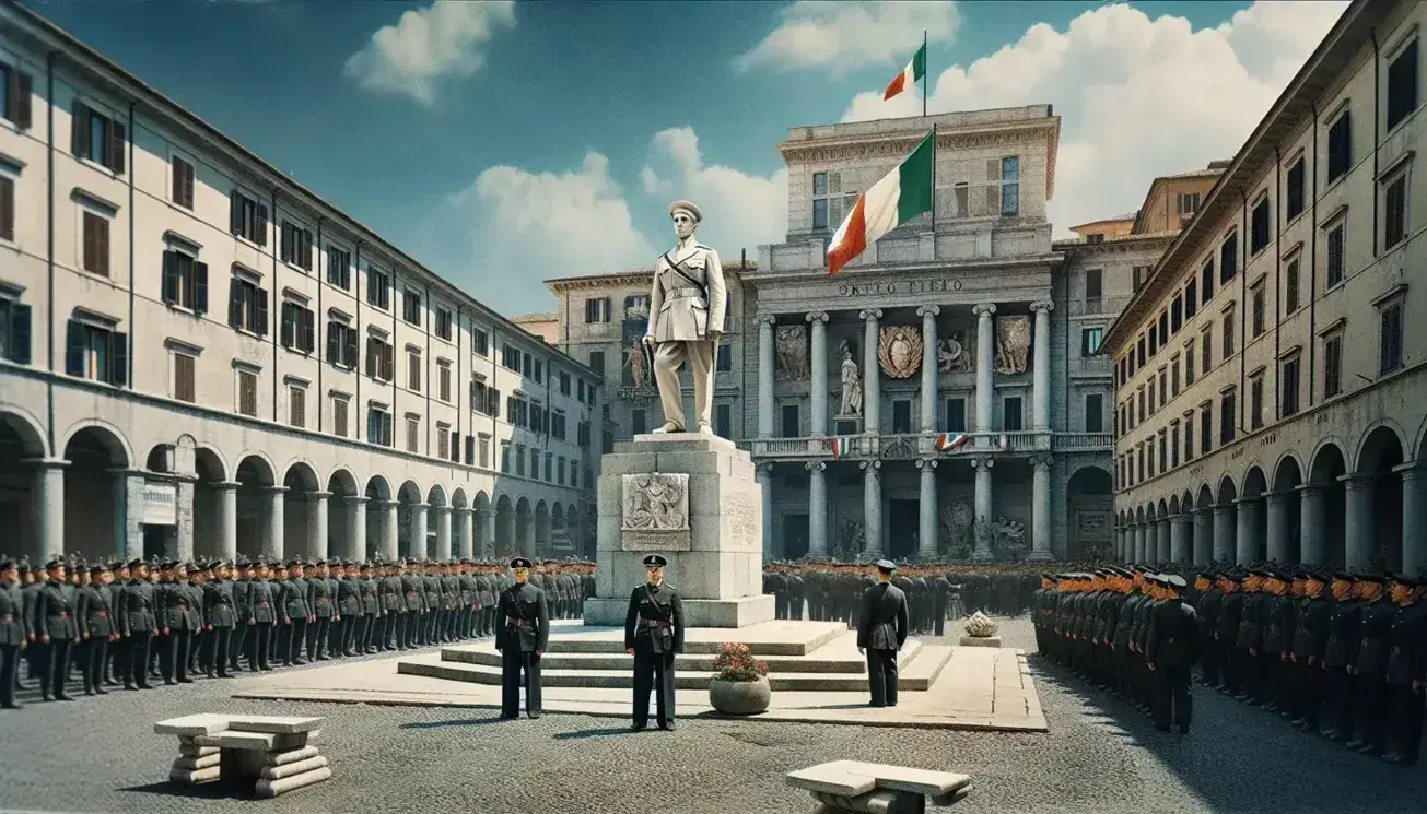 Piazza italiana anni '30 con architettura razionalista, statua marmorea uomo in uniforme, gruppo uomini in marcia e edificio con bandiere tricolori.