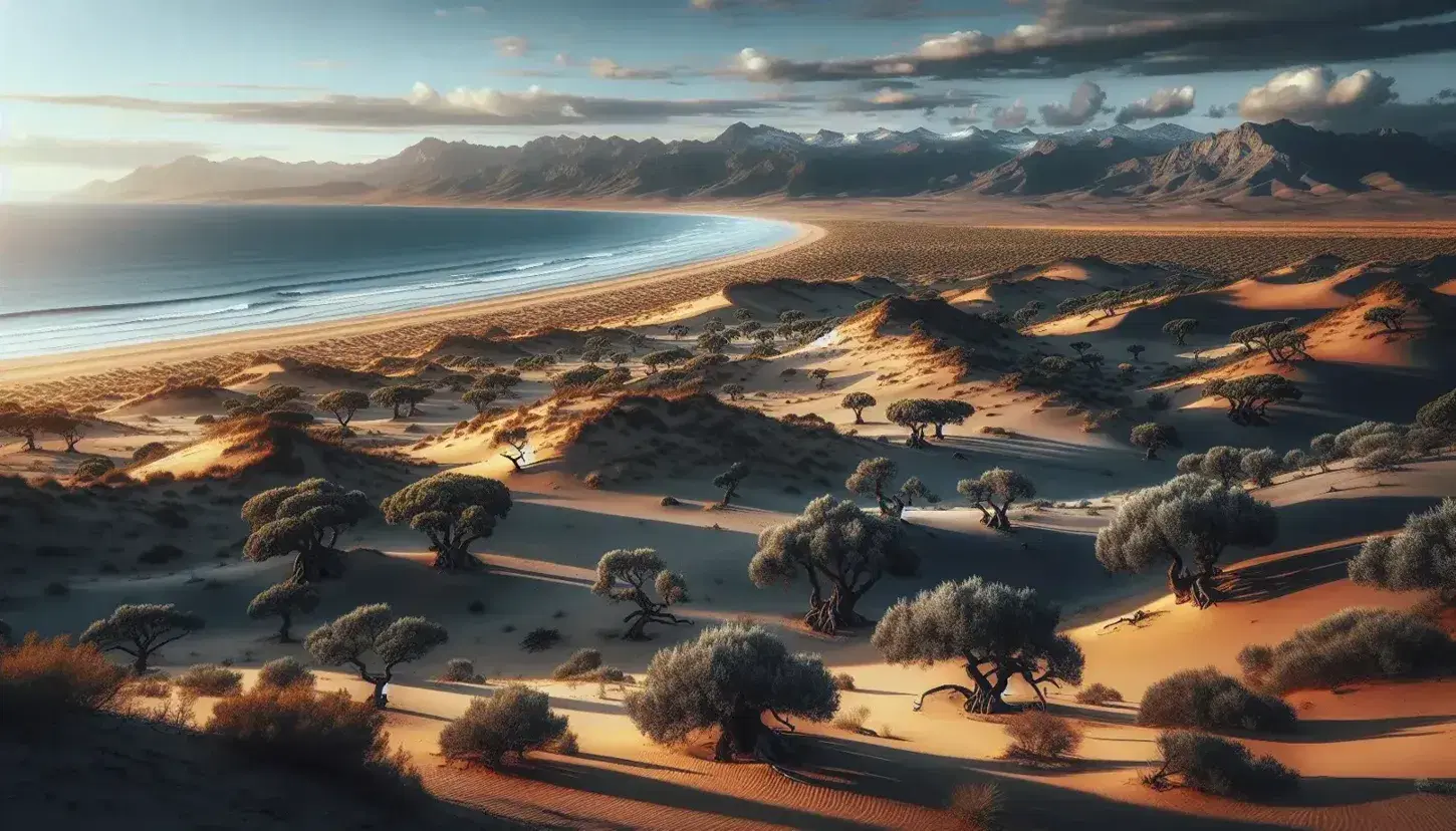 Paisaje español con playa de arena dorada y dunas, olivar mediterráneo en el centro y montañas nevadas al fondo bajo un cielo despejado.