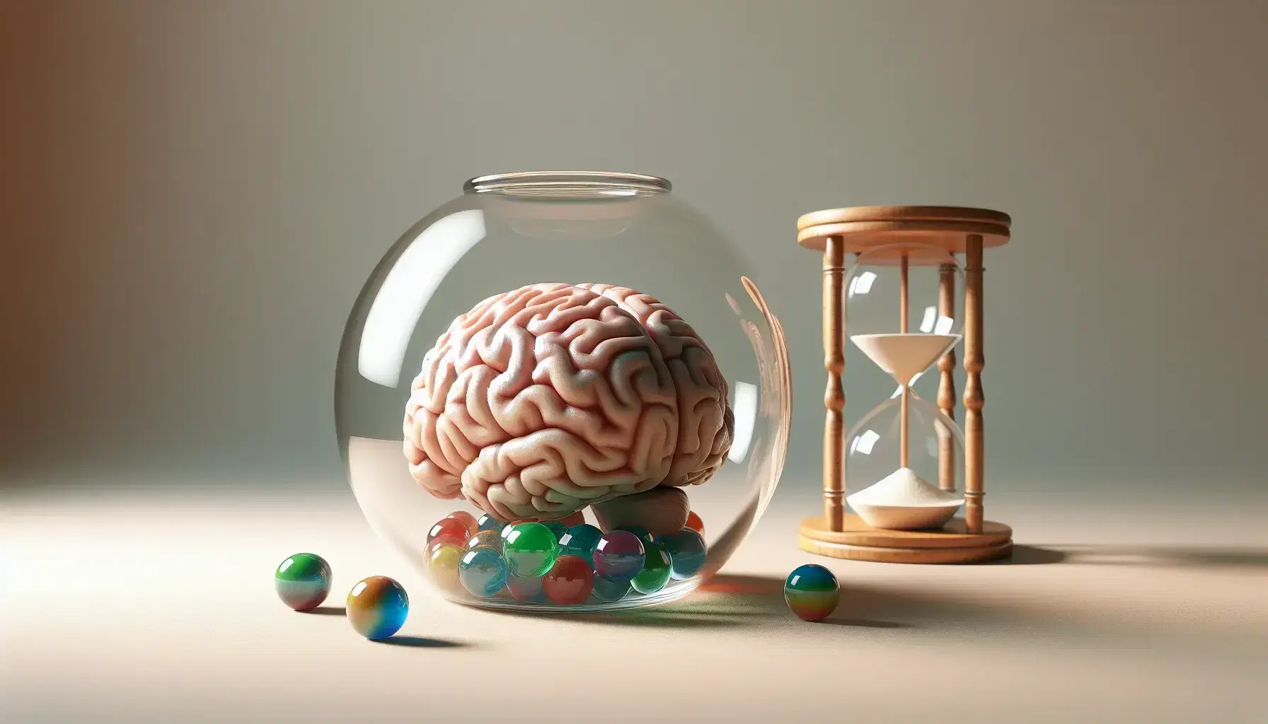 Detailed model of human brain with gyrus and sulcus on light surface, jar of colorful marbles and hourglass, green plants background.