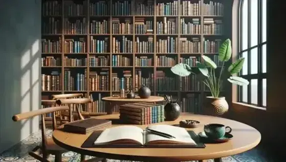 Biblioteca acogedora con estantes de madera oscura repletos de libros coloridos, mesa con cuaderno abierto y taza de café, luz natural y planta verde.