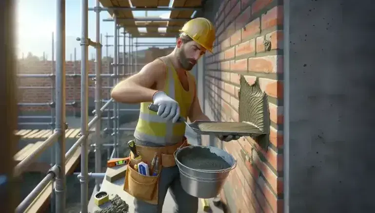 Muratore con casco giallo e giubbotto catarifrangente applica malta su muro di mattoni usando cazzuola su impalcatura metallica.