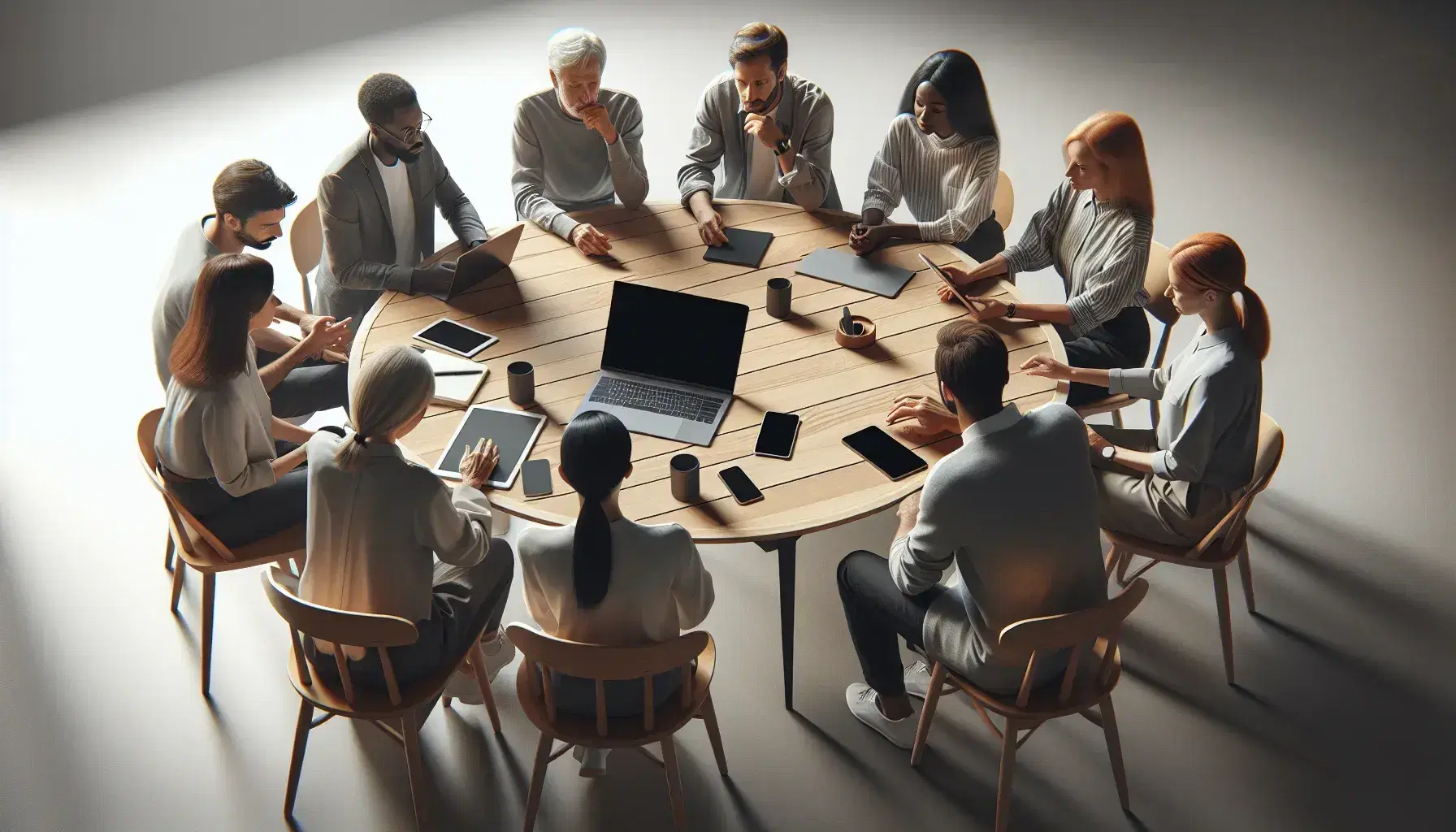 Grupo diverso de personas concentradas en una reunión alrededor de una mesa redonda con un portátil y un smartphone, en un ambiente de trabajo tranquilo.