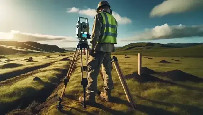 Topógrafo en terreno irregular con teodolito sobre trípode, chaleco reflectante y estaca de madera, colinas al fondo y cielo azul con nubes.