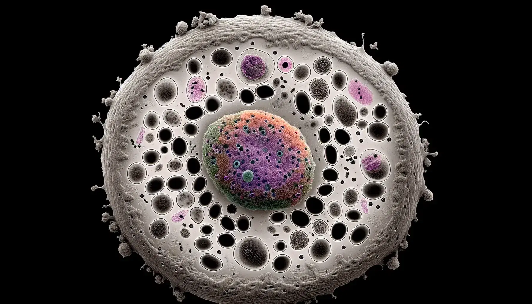 Vista microscópica de célula eucariota con núcleo oscuro y nucleolos claros, rodeada de citoplasma pastel y orgánulos variados.