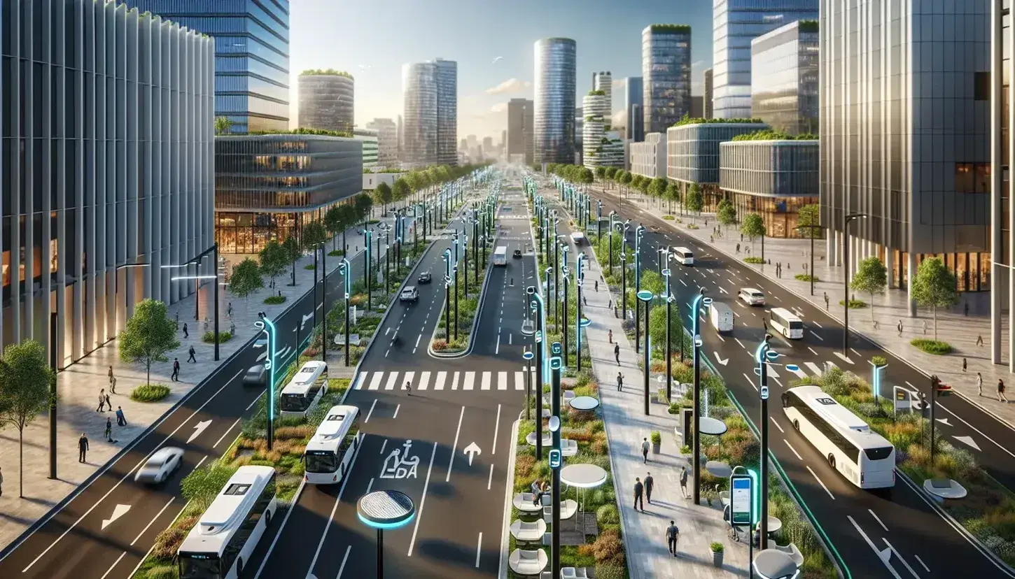 Panoramic urban landscape in Spain with smart city features, tree-lined boulevard, solar-powered benches, electric buses, and green buildings.