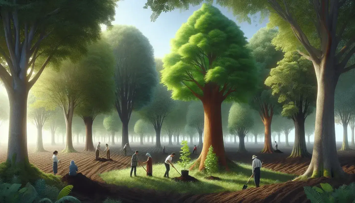Grupo diverso de árboles en suelo fértil con personas plantando un árbol joven en un día soleado, reflejando la colaboración en la reforestación.
