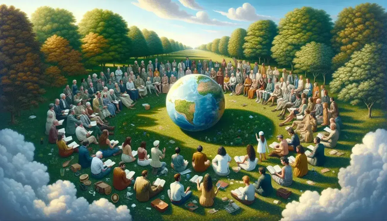 Grupo diverso de personas sentadas en círculo en un parque con un globo terráqueo en el centro, conversando y leyendo libros en un día soleado.