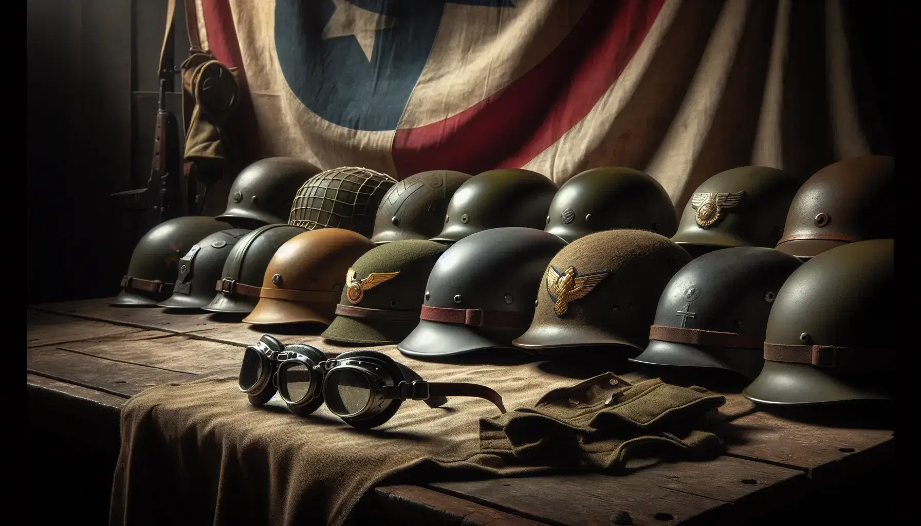 Colección de cascos militares de la Segunda Guerra Mundial sobre superficie de madera desgastada con gafas de aviador antiguas y bandera descolorida de fondo.