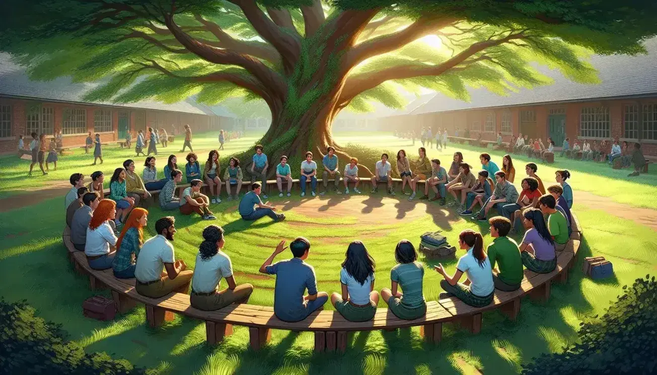 Studenti di diverse età ed etnie seduti in cerchio su panchine di legno all'aperto in un cortile scolastico, sotto l'ombra di un albero.