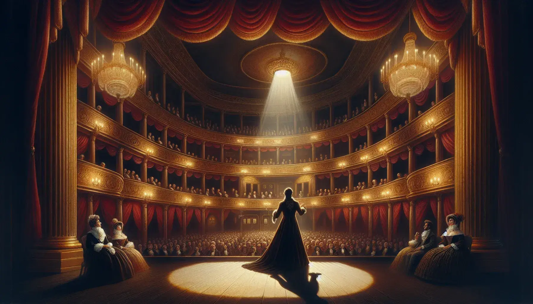 Interno teatro d'epoca romantica con attore in costume su palco tra tende rosse vellutate, balconate dorate e candelabri scintillanti.