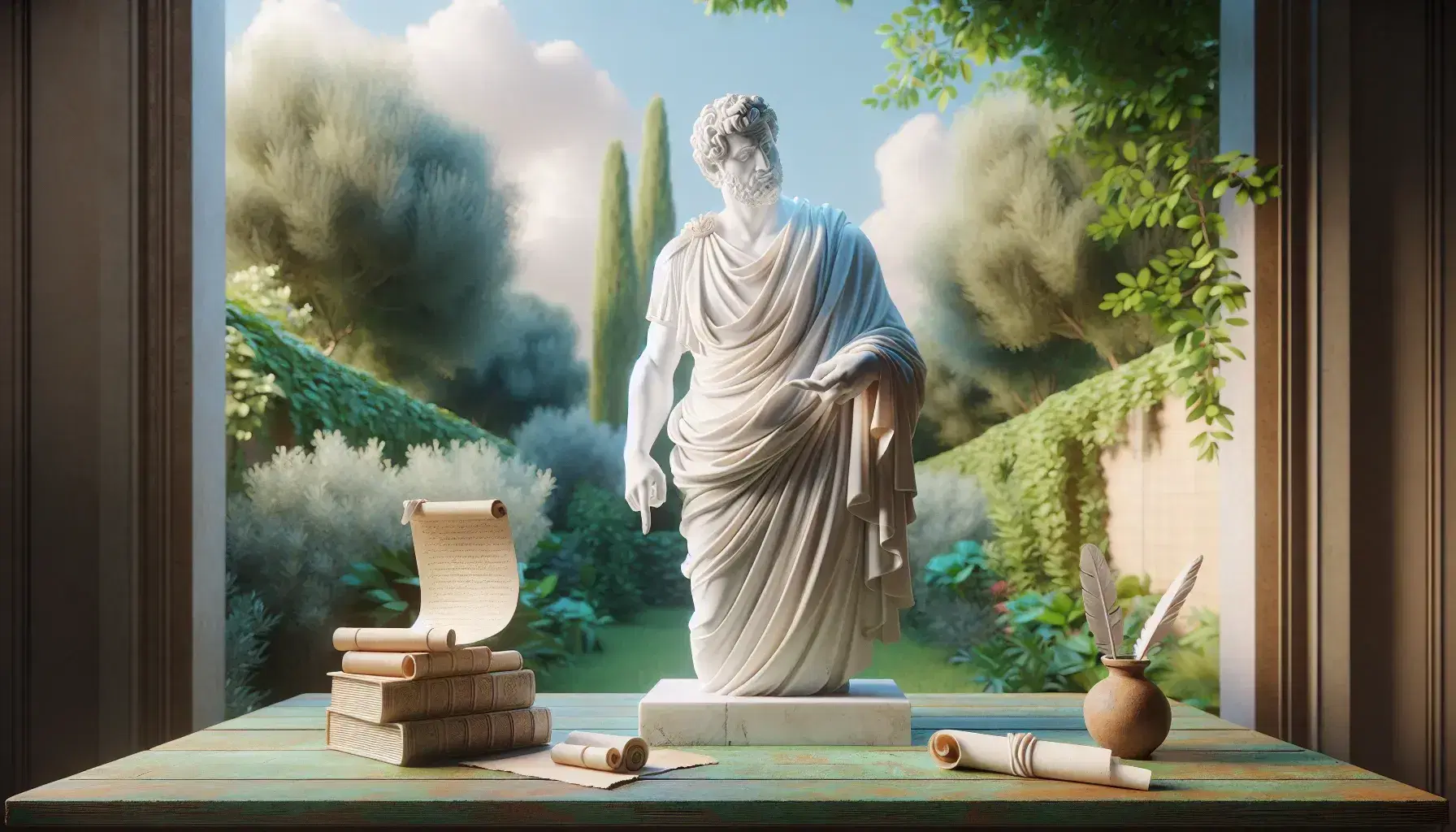 Statua in marmo del filosofo romano Lucrezio in toga, con mano sinistra su rotolo di papiro e indice destro alzato, su sfondo di giardino lussureggiante.