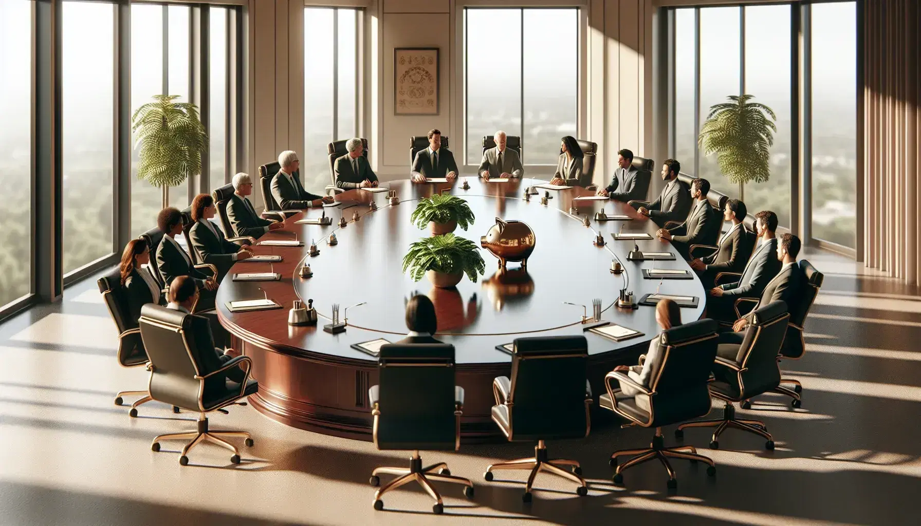 Diverse business team in a meeting around a mahogany conference table with a piggy bank model and a potted plant, in a well-lit office with a large window.