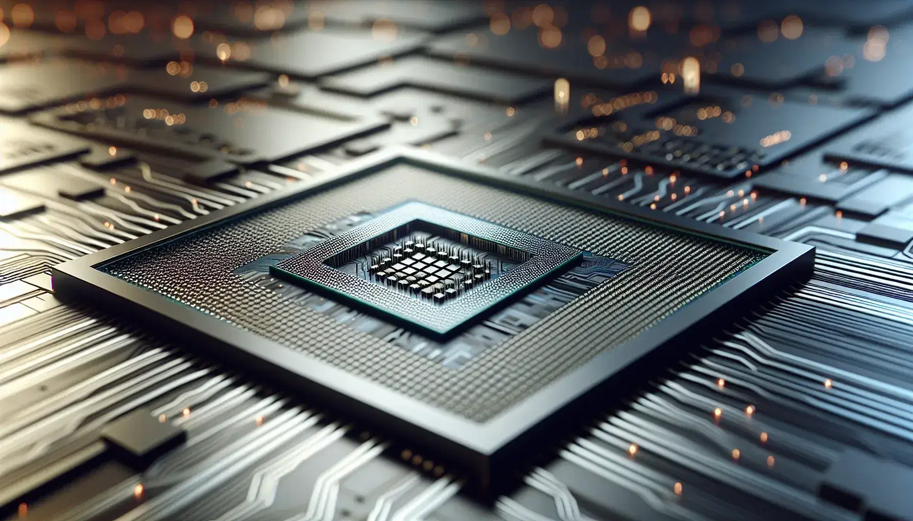 Close-up of a modern computer processor chip with metallic highlights and detailed circuitry, surrounded by microchips in blurry grid.