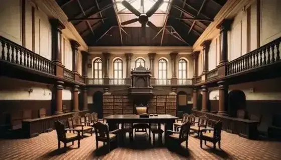 Aula giudiziaria indiana d'epoca coloniale britannica con pareti crema, colonne marroni, tavolo in legno scuro, pulpito e tomi giuridici.
