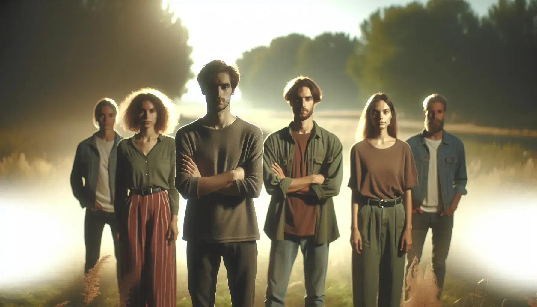 Grupo de cinco personas en semicírculo con una sexta persona en el centro en un parque al atardecer, reflejando diversas emociones y vestimenta casual.