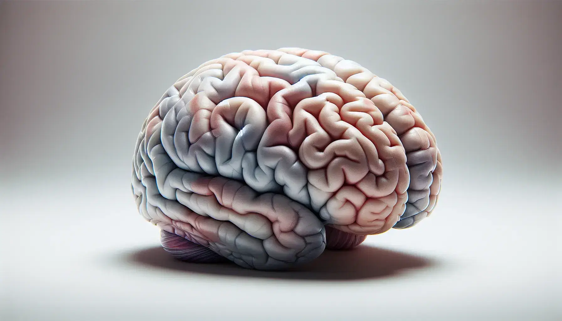 Representación tridimensional detallada del cerebro humano con texturas realistas y tonos rosados, mostrando hemisferios, cerebelo y tronco encefálico.