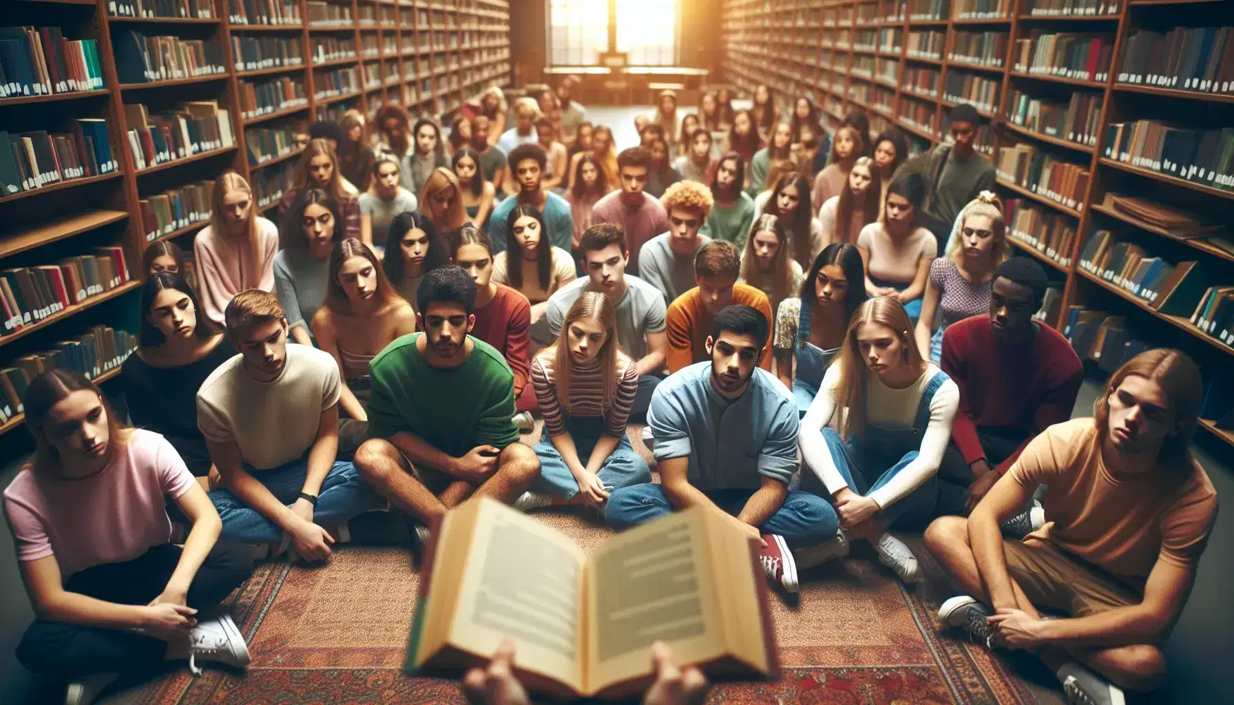 Grupo de estudiantes diversos sentados en semicírculo en una biblioteca escuchando a un compañero leer en voz alta, con estantes de libros al fondo y luz natural entrando por la ventana.
