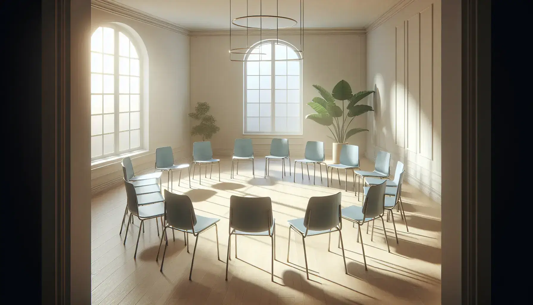 Círculo de sillas vacías con asientos azules claros en una sala iluminada por luz natural, suelo de madera clara y planta verde al fondo.