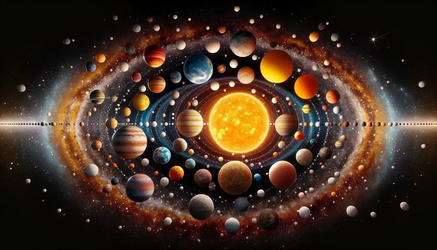 Esfera anaranjada que simboliza el Sol en el centro y planetas de diversos colores y tamaños con fondo estrellado, representando el Sistema Solar.