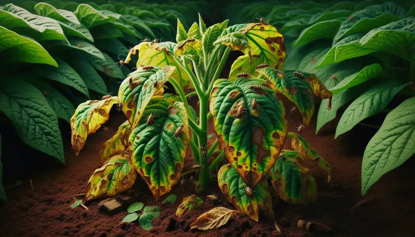 Planta verde con hojas mostrando manchas amarillas y bordes marrones, insectos oscuros sobre ellas y suelo húmedo en el fondo, indicando enfermedad o deficiencia nutricional.