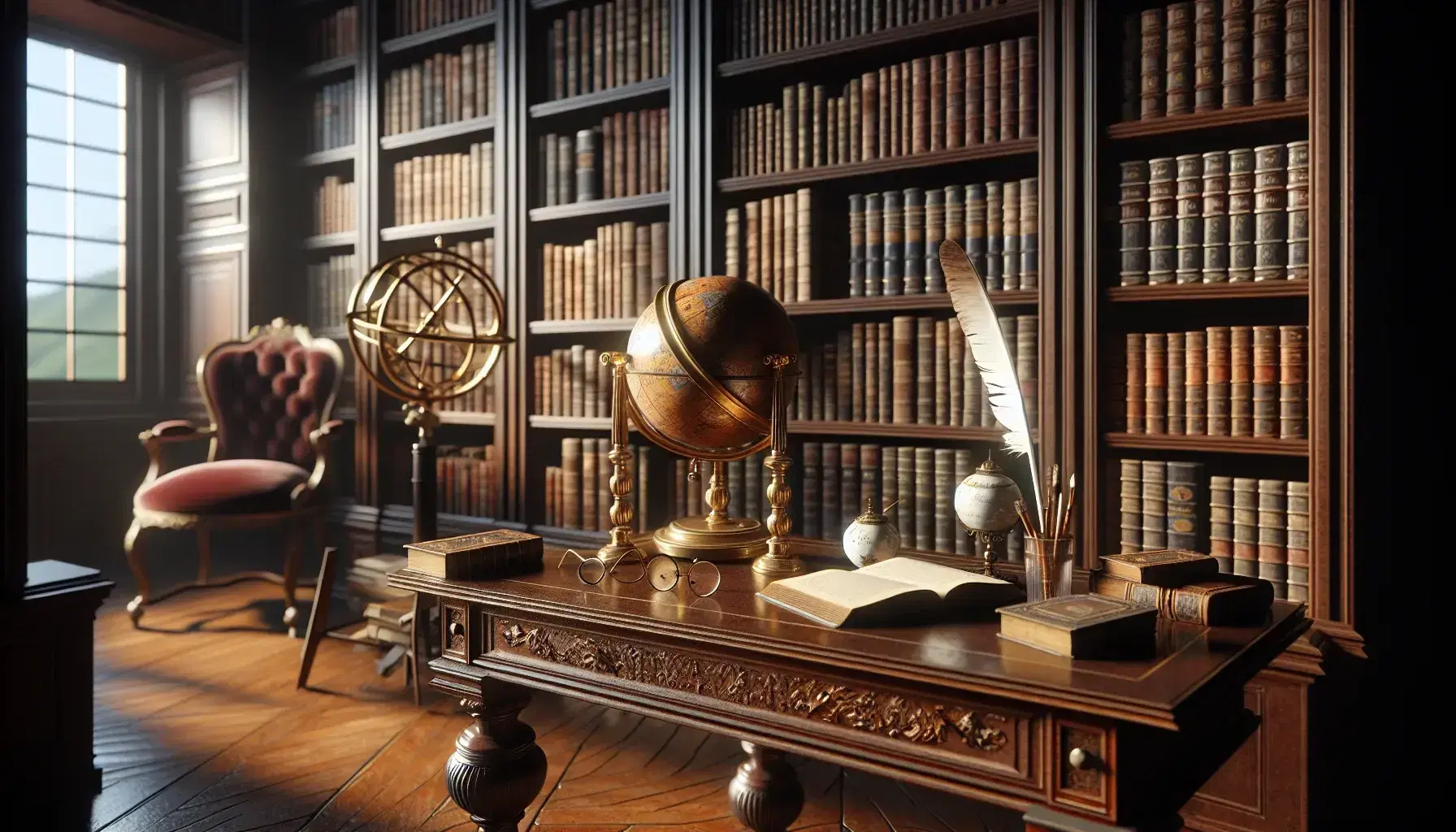 Biblioteca clásica con estanterías de madera oscura llenas de libros, mesa con esfera armilar dorada, globo antiguo y pluma en tintero.