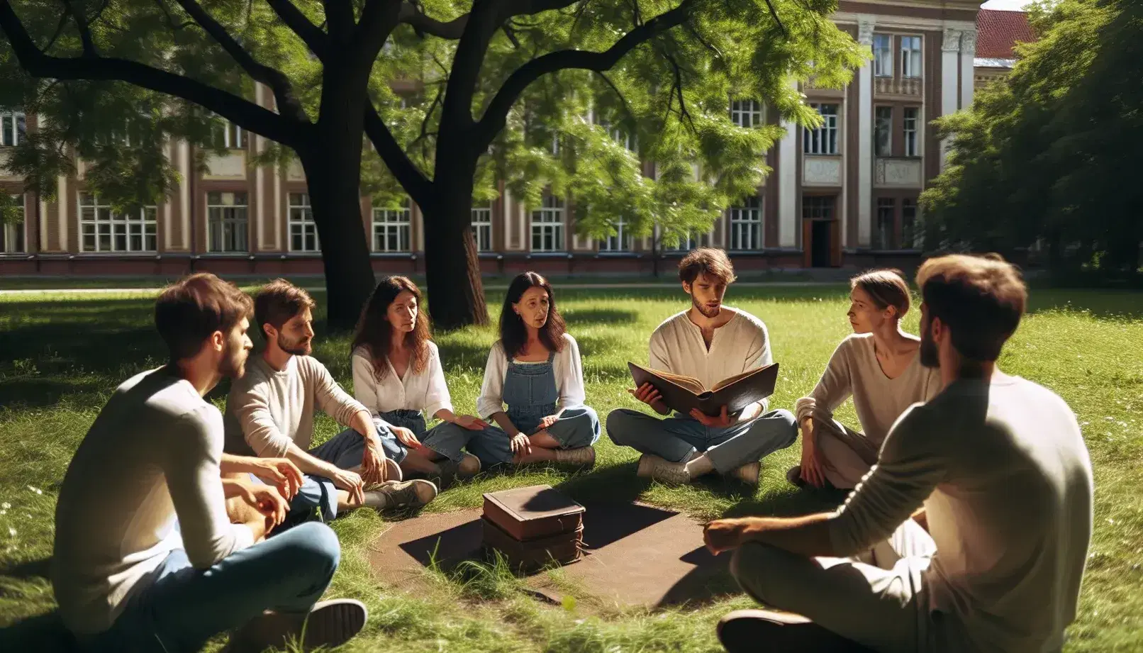 Grupo de cinco personas sentadas en círculo en un parque, escuchando a una mujer que explica algo con un libro antiguo abierto en el centro, bajo un árbol frondoso.