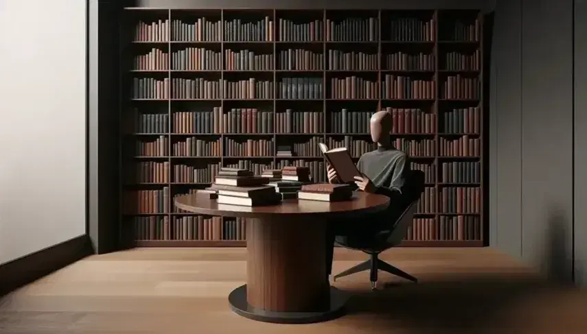 Modern library with round walnut table and colorful books, person sitting behind an open book, full shelves in background.