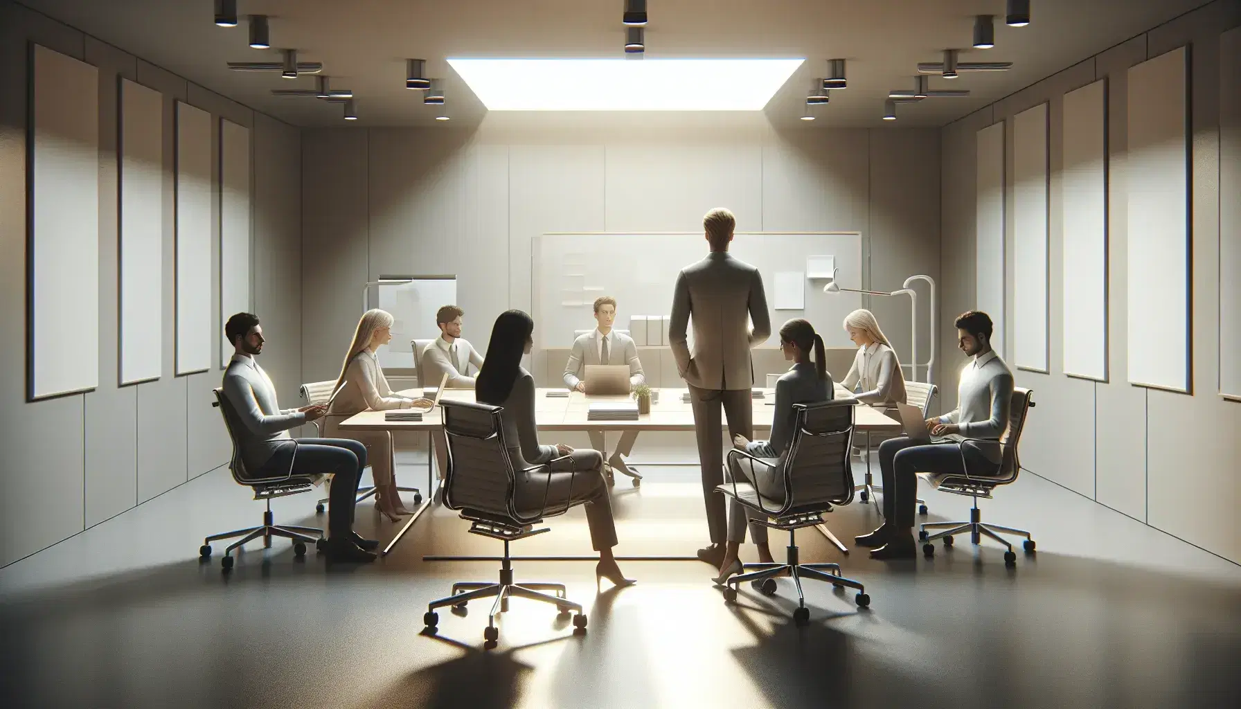 Grupo de cinco profesionales en una reunión de oficina, con una persona de pie liderando y cuatro sentadas en sillas con ruedas frente a escritorios con laptops, en un ambiente iluminado y neutro.