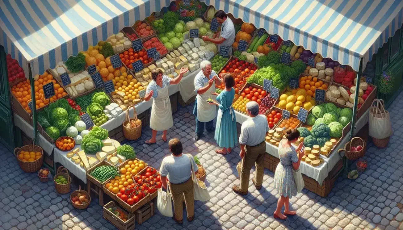 Bustling French market scene with fresh produce, animated vendor talking to a customer, cheese stall, and shoppers on a cobblestone street.