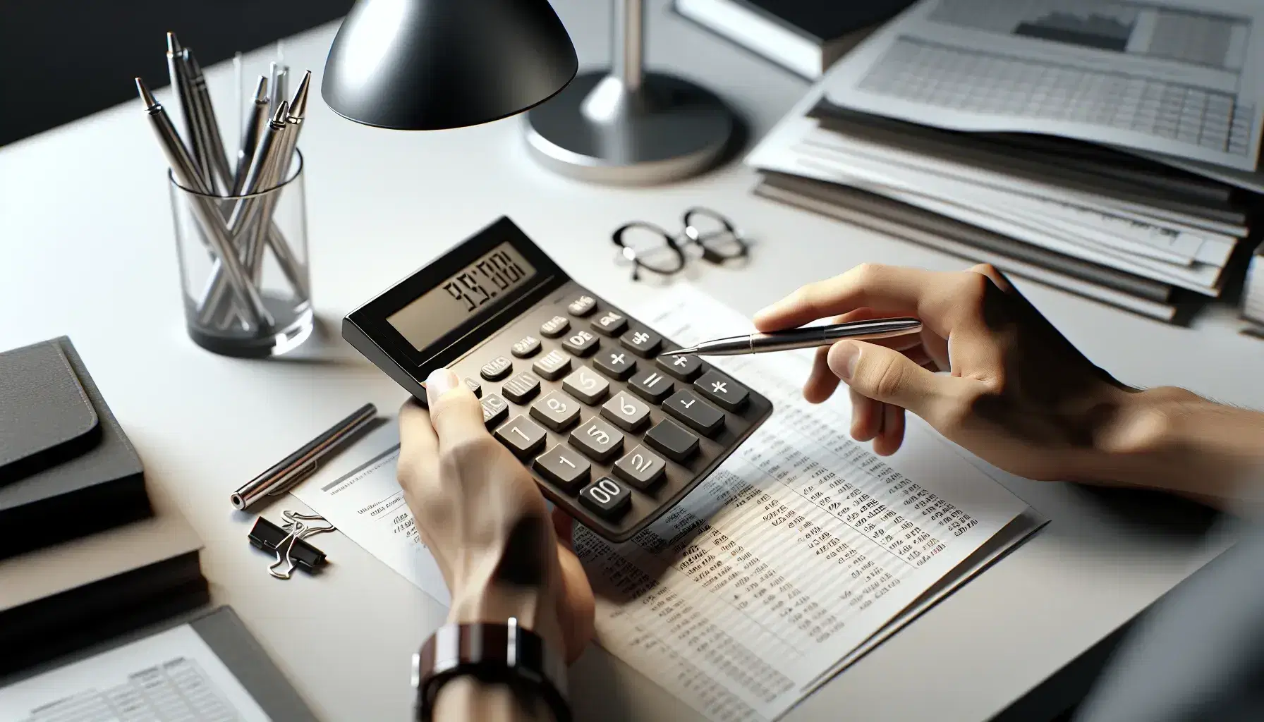 Close-up view of hands using a calculator above a desk with financial documents, pens in a glass holder, and a softly lit desk lamp.