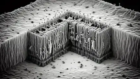 Micrografía electrónica de transmisión en escala de grises mostrando la sección transversal de una membrana celular con su bicapa lipídica y proteínas incrustadas, junto a proyecciones de carbohidratos.
