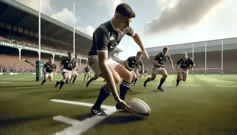 Partita di rugby in corso con giocatore in maglia scura che tiene il pallone, circondato da compagni e avversari su campo verde.