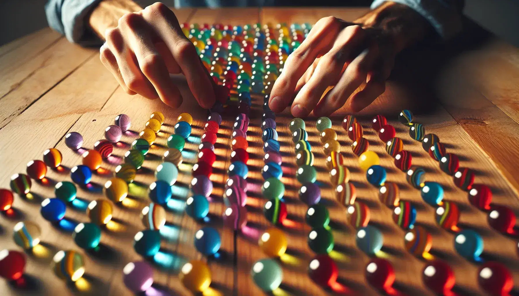 Hands sorting colored marbles on a wooden table, creating parallel rows of red, blue, green, yellow and purple, with soft shadows.