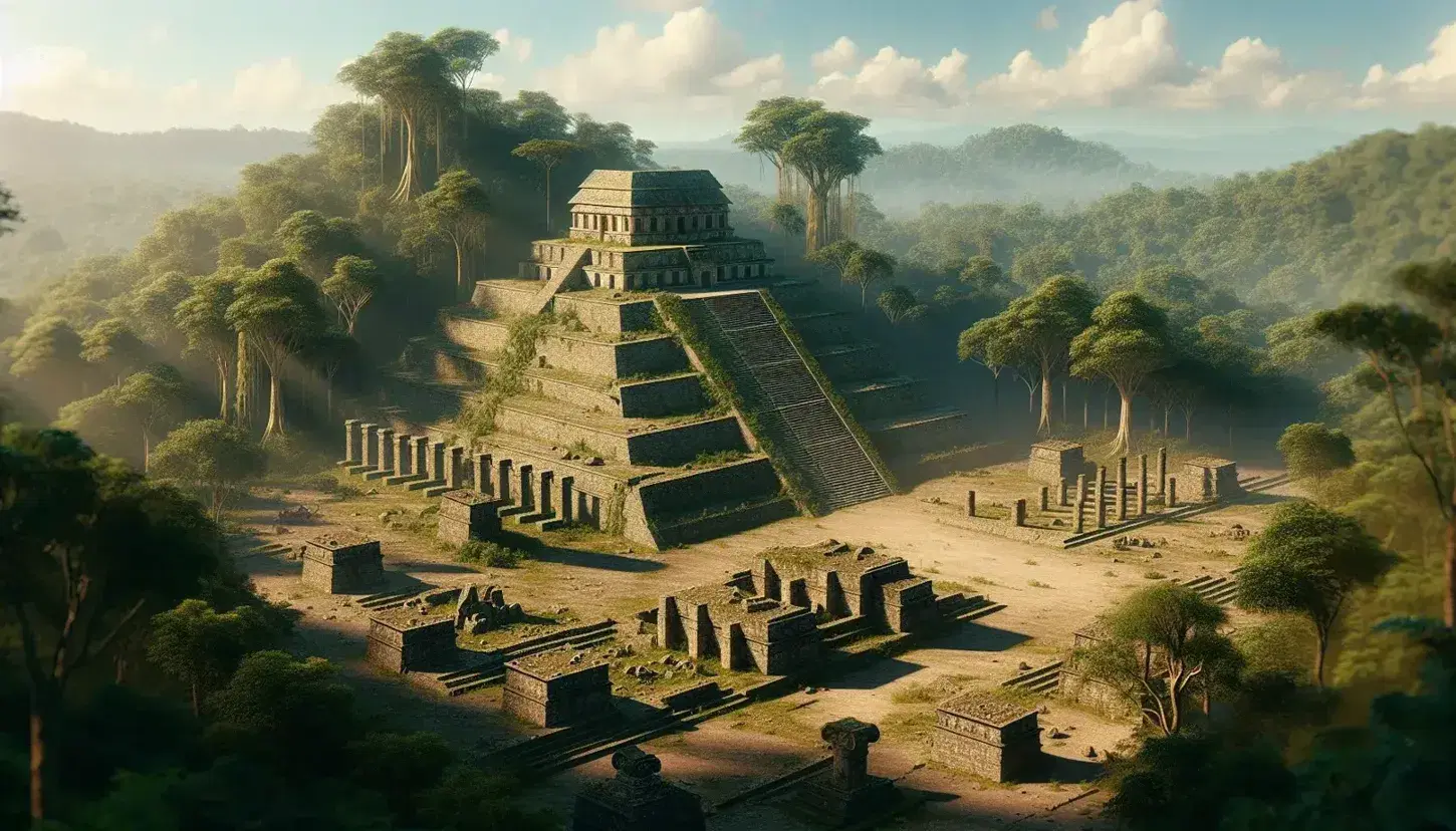 Vista panorámica de las ruinas de una ciudad precolombina con una pirámide escalonada y estructuras de piedra en una selva tropical.
