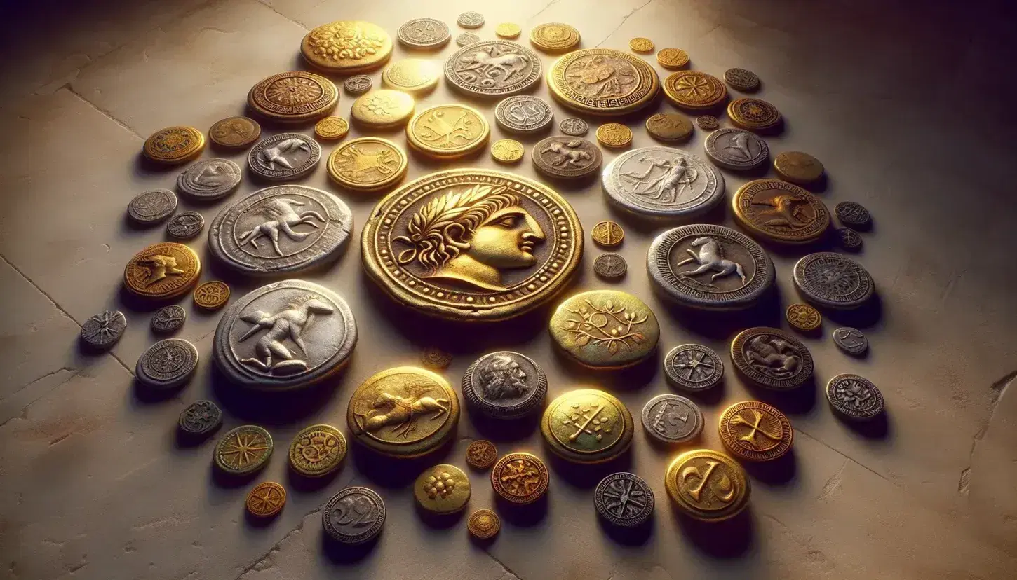 Colección de monedas antiguas griegas en superficie de piedra, con relieves de deidades y símbolos como caballos y búhos, resaltando su antigüedad y detalles.