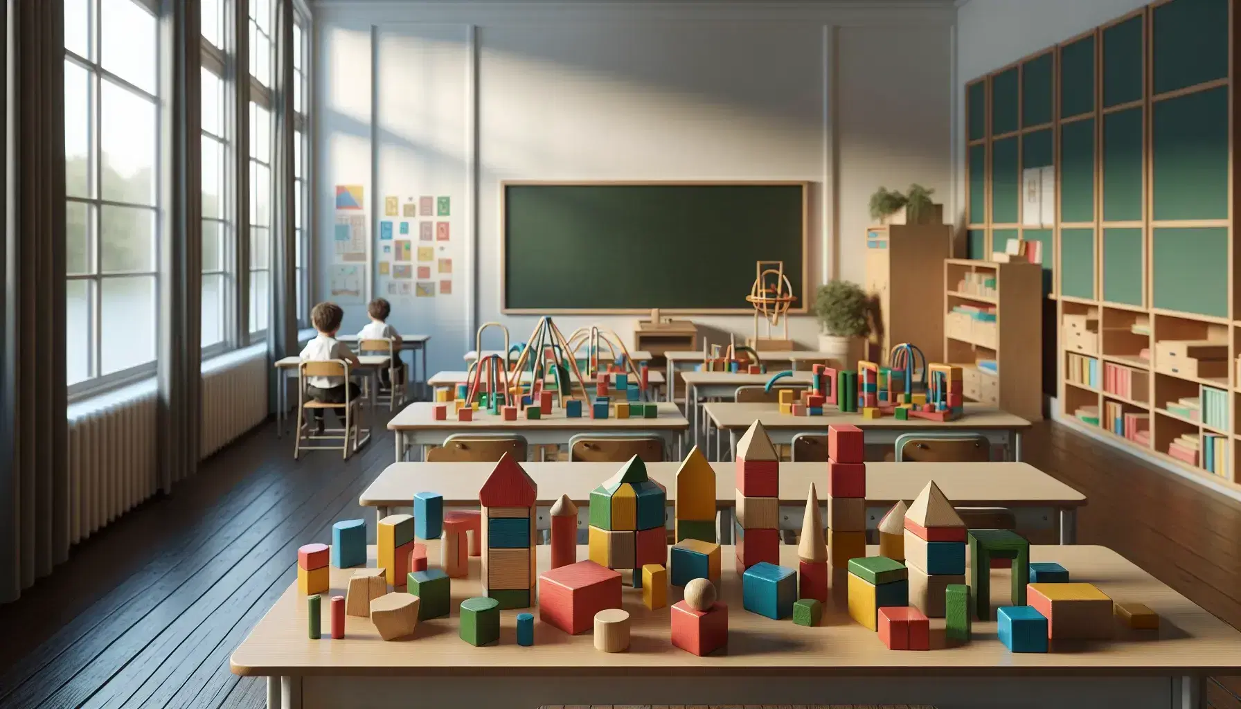 Aula scolastica luminosa con tavolo e blocchi colorati in legno, due studenti concentrati, luce naturale dalla finestra e lavagna verde vuota.