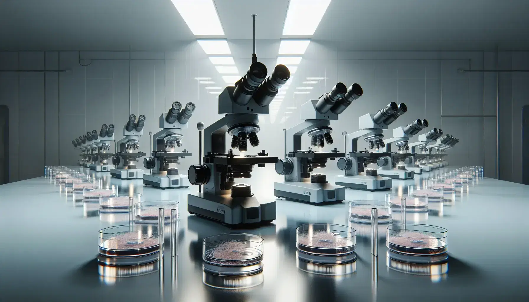 Microscopios ópticos de laboratorio alineados en mesa con platos Petri, algunos con tejido rosa pálido, bajo luz blanca difusa, sin textos visibles.