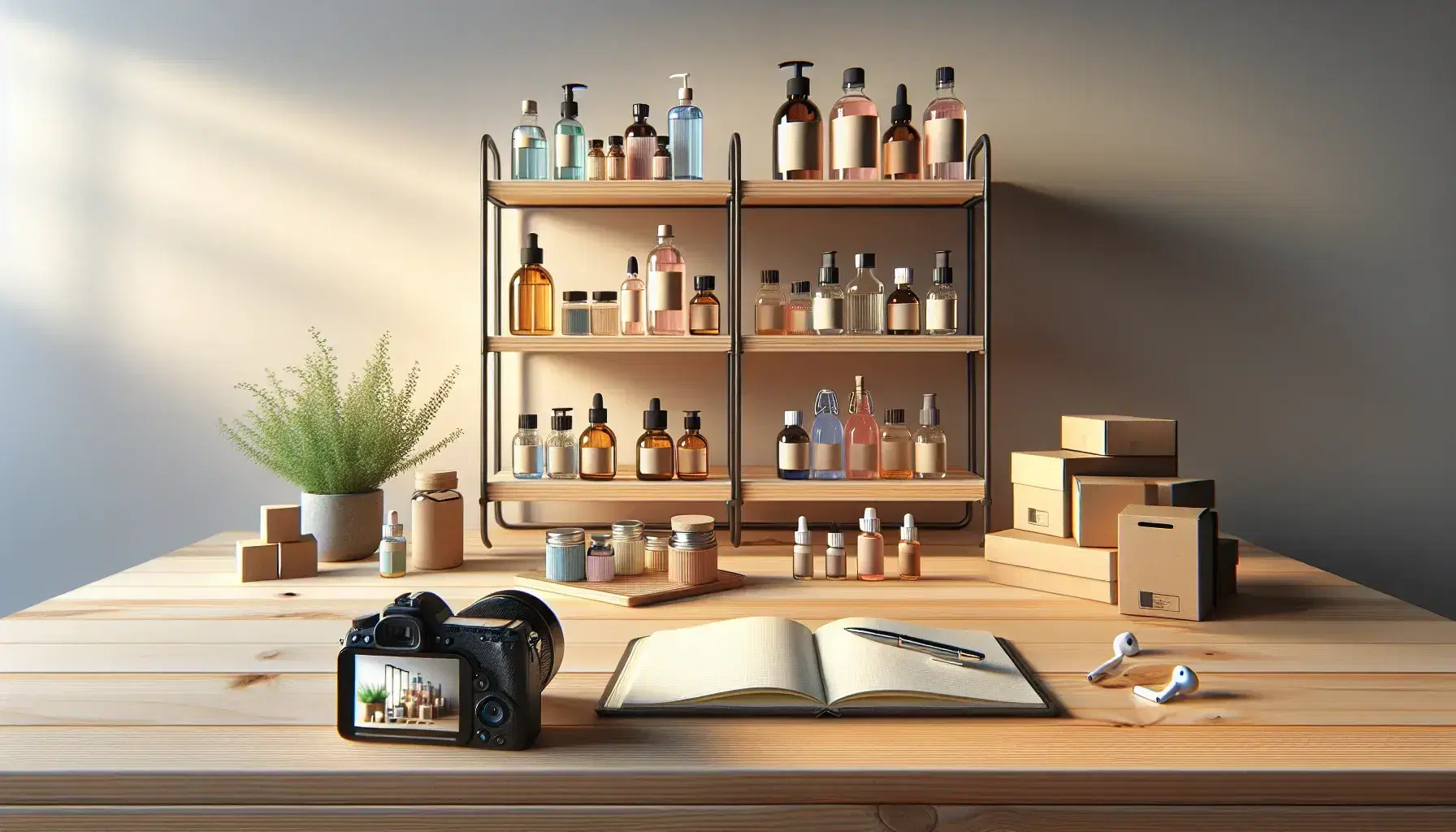 Estantería de madera con botellas de vidrio, cajas de cartón y contenedores plásticos sin marcas, mesa con libreta, bolígrafo, smartphone, auriculares y planta, en sesión de fotografía de productos.