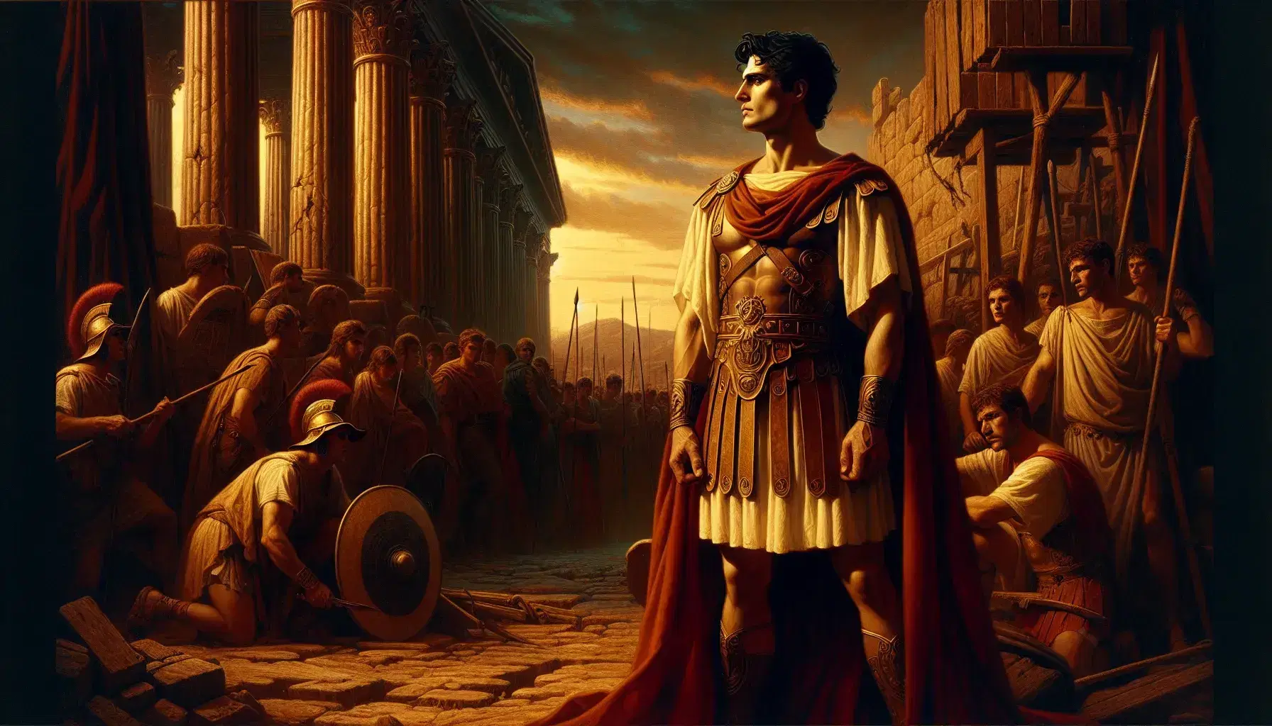 Escena antigua con figura masculina en túnica romana y capa roja, sosteniendo casco y espada, rodeado de guerreros, construcción con columnas y barco en mar calmo al atardecer.