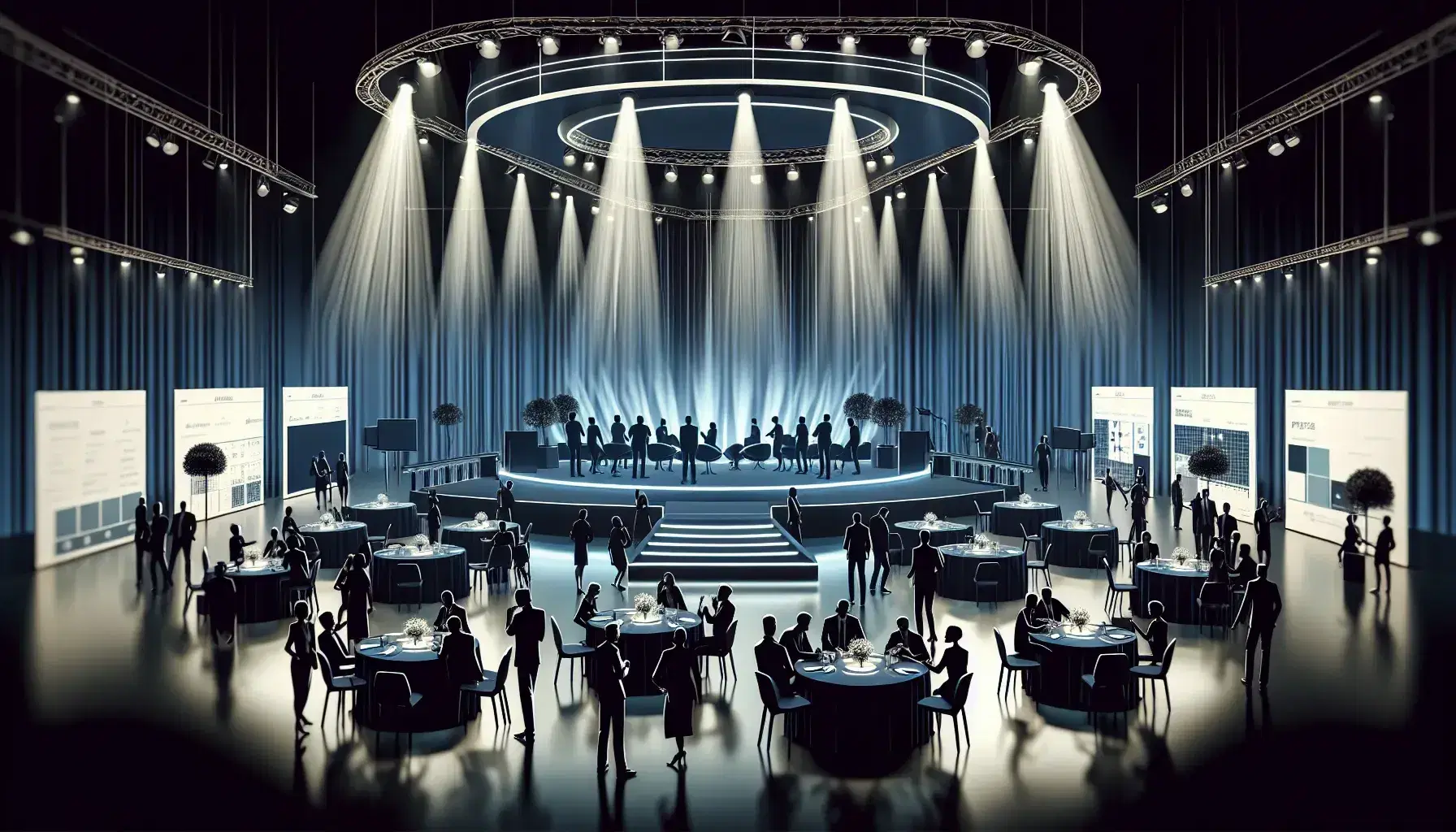 Evento aziendale vivace con palco moderno, riflettori, persone sedute a tavoli eleganti e stand informativi sullo sfondo.