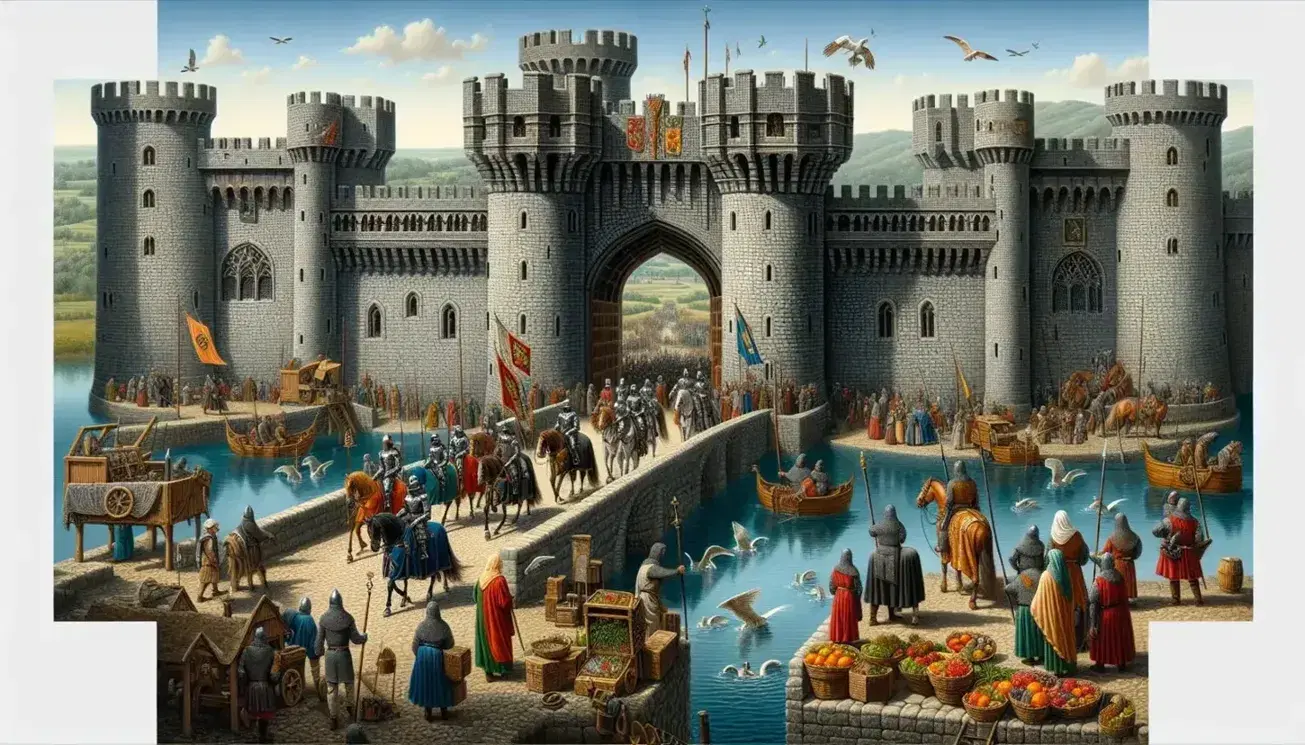 Castello medievale con ponte levatoio, cavalieri in armatura, contadini al lavoro, aquila in volo e paesaggio collinare.