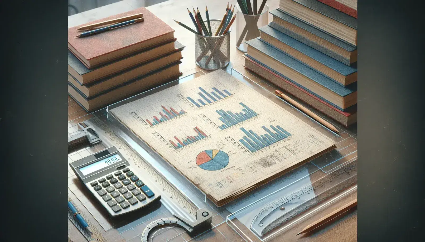 Scrivania in legno con grafici, righello, calcolatrice, libri colorati, compasso e cancelleria, in atmosfera tranquilla e concentrata.